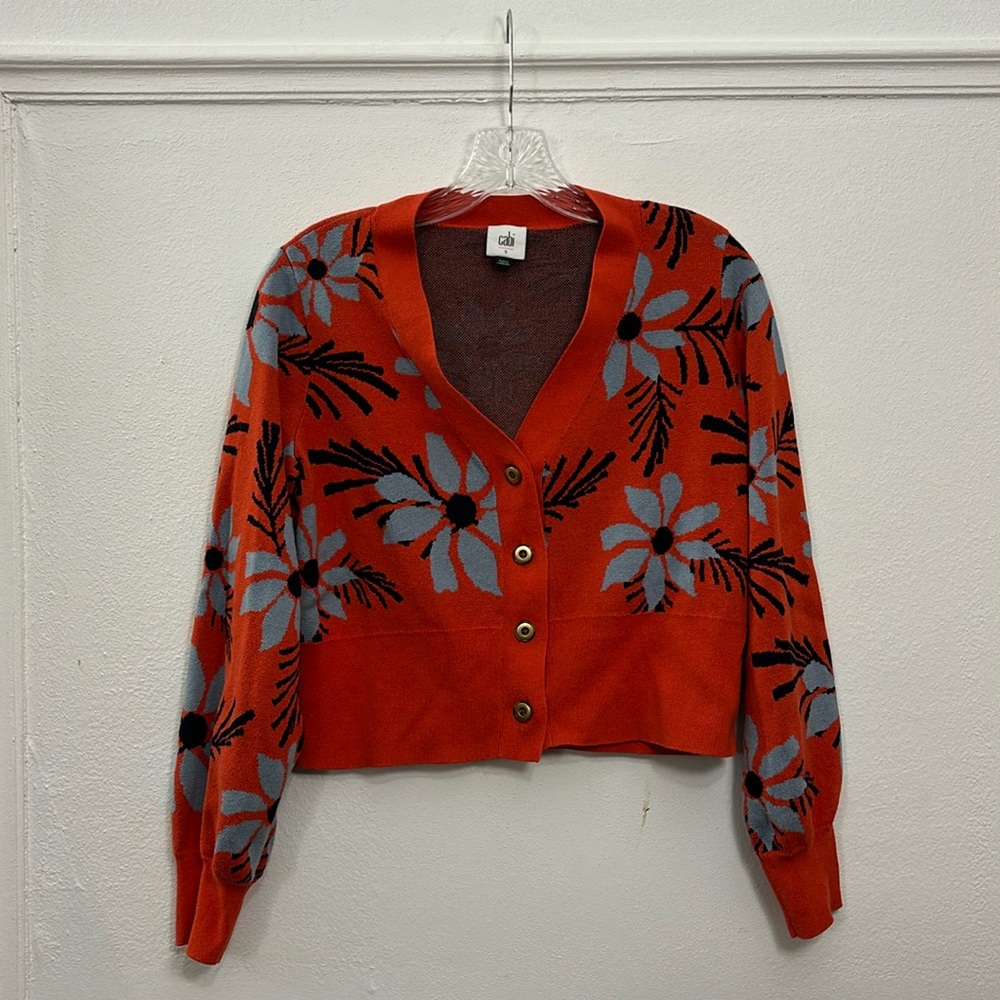 Cabi Orange Blue Floral Bloom Button Up Cardigan Sweater